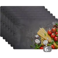 KitchenYeah Placemat - Placemats kunststof - Pasta - Kruiden - Tomaat - 45x30 cm - 6 stuks - Hittebestendig - Anti-Slip - Onderlegger - Afneembaar