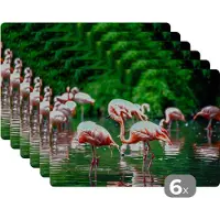 KitchenYeah Placemat - Placemats kunststof - Flamingo - Tropisch - Vogel - Water - Roze - 45x30 cm - 6 stuks - Hittebestendig - Anti-Slip - Onderlegger - Afneembaar