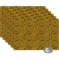 KitchenYeah Placemats - Geel - Panterprint - Dieren - Luipaard - Zwart - Placemat - Onderlegger - Onderleggers placemats - 45x30 cm - 6 stuks