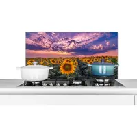 KitchenYeah Spatscherm keuken 80x40 cm - Kookplaat achterwand Bloemen - Lucht - Paars - Zonnebloem - Zonsondergang - Muurbeschermer - Spatwand fornuis - Hoogwaardig aluminium