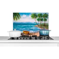 KitchenYeah Spatscherm keuken 70x50 cm - Kookplaat achterwand Schilderij - Olieverf - Strand - Palmboom - Boot - Muurbeschermer - Spatwand fornuis - Hoogwaardig aluminium
