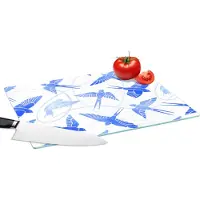 KitchenYeah Glazen Snijplank - 39x28 - Patroon - Blauw - Vogel - Snijplanken Glas