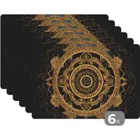 KitchenYeah Placemat - Placemats kunststof - Mandala - Goud - Bohemian - Luxe - 45x30 cm - 6 stuks - Hittebestendig - Anti-Slip - Onderlegger - Afneembaar
