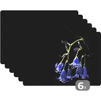 KitchenYeah Placemat - Placemats kunststof - Hyacint - Bloemen - Blauw - Natuur - Zwart - 45x30 cm - 6 stuks - Hittebestendig - Anti-Slip - Onderlegger - Afneembaar