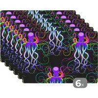 KitchenYeah Placemat - Placemats kunststof - Octopus - Regenboog - Neon - Abstract - Patronen - 45x30 cm - 6 stuks - Hittebestendig - Anti-Slip - Onderlegger - Afneembaar