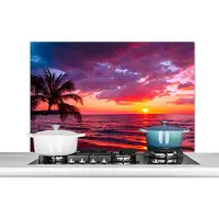 KitchenYeah Spatscherm keuken 100x65 cm - Kookplaat achterwand Zon - Horizon - Roze - Palmboom - Zee - Muurbeschermer - Spatwand fornuis - Hoogwaardig aluminium