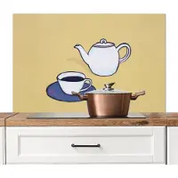KitchenYeah Spatscherm keuken 100x65 cm - Kookplaat achterwand Theepot - Kopje - Beige - Illustratie - Muurbeschermer - Spatwand fornuis - Hoogwaardig aluminium