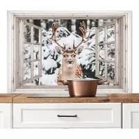 KitchenYeah Spatscherm keuken 120x80 cm - Kookplaat achterwand Doorkijk - Hert - Sneeuw - Winter - Bos - Dieren - Natuur - Muurbeschermer - Spatwand fornuis - Hoogwaardig aluminium
