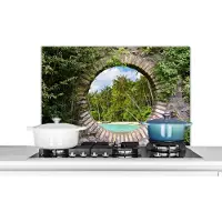 KitchenYeah Spatscherm keuken 80x55 cm - Kookplaat achterwand Doorkijk - Palm - Tropisch - Strand - zee - Muurbeschermer - Spatwand fornuis - Hoogwaardig aluminium