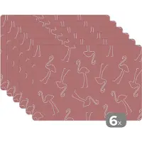 KitchenYeah Placemat - Placemats kunststof - Flamingo - Line Art - Roze - Patronen - 45x30 cm - 6 stuks - Hittebestendig - Anti-Slip - Onderlegger - Afneembaar