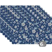 KitchenYeah Placemat - Placemats kunststof - Patroon - Vogel - Bloemen - 45x30 cm - 6 stuks - Hittebestendig - Anti-Slip - Onderlegger - Afneembaar