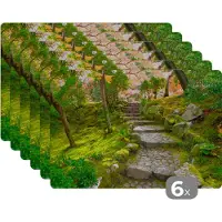KitchenYeah Placemat - Placemats kunststof - Natuur - Stenen - Pad - Mos - Japans - 45x30 cm - 6 stuks - Hittebestendig - Anti-Slip - Onderlegger - Afneembaar