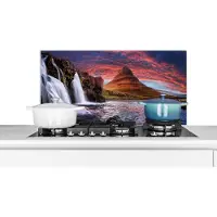KitchenYeah Spatscherm keuken 80x40 cm - Kookplaat achterwand Waterval - Berg - Wolken - Roze - Landschap - Muurbeschermer - Spatwand fornuis - Hoogwaardig aluminium