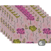 KitchenYeah Placemat - Placemats kunststof - Roze - Bomen - Bladeren - Design - 45x30 cm - 6 stuks - Hittebestendig - Anti-Slip - Onderlegger - Afneembaar