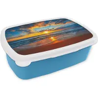 KitchenYeah Broodtrommel Blauw - Lunchbox Zee - Zonsondergang - Strand - Wolken - Oranje - Brooddoos 18x12x6 cm - Brood lunch box - Broodtrommels voor kinderen en volwassenen