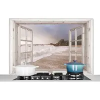KitchenYeah Spatscherm keuken 120x80 cm - Kookplaat achterwand Doorkijk - Strand - Zee - Muurbeschermer - Spatwand fornuis - Hoogwaardig aluminium