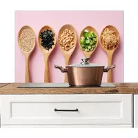 KitchenYeah Spatscherm keuken 90x60 cm - Kookplaat achterwand Ingrediënten - Lepels - Hout - Roze - Muurbeschermer - Spatwand fornuis - Hoogwaardig aluminium