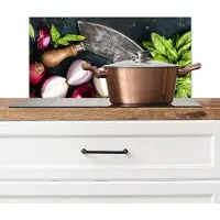 KitchenYeah Spatscherm keuken 70x30 cm - Kookplaat achterwand Groente - Kruiden - Wiegemes - Ui - Specerijen - Rustiek - Muurbeschermer - Spatwand fornuis - Hoogwaardig aluminium