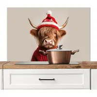 KitchenYeah Spatscherm keuken 100x65 cm - Kookplaat achterwand Schotse Hooglander - Kerst - Muts - Trui - Winter - Muurbeschermer - Spatwand fornuis - Hoogwaardig aluminium