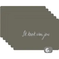 KitchenYeah Placemat - Placemats kunststof - Ik kook van jou - Quotes - Partner - Spreuken - 45x30 cm - 6 stuks - Hittebestendig - Anti-Slip - Onderlegger - Afneembaar