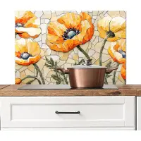 KitchenYeah Spatscherm keuken 90x60 cm - Kookplaat achterwand Klaprozen - Oranje - Mozaïek - Bladeren - Muurbeschermer - Spatwand fornuis - Hoogwaardig aluminium