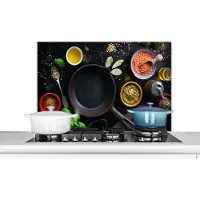 KitchenYeah Spatscherm keuken 80x55 cm - Kookplaat achterwand Kruiden - Groente - Pan - Muurbeschermer - Spatwand fornuis - Hoogwaardig aluminium