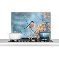 KitchenYeah Spatscherm keuken 80x55 cm - Kookplaat achterwand Roodborstje - Vogel - Sneeuw - Herfstbladeren - Muurbeschermer - Spatwand fornuis - Hoogwaardig aluminium