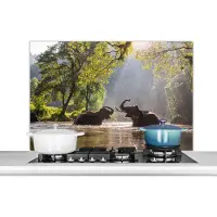 KitchenYeah Spatscherm keuken 100x65 cm - Kookplaat achterwand Olifant - Water - Dieren - Bomen - Zon - Muurbeschermer - Spatwand fornuis - Hoogwaardig aluminium
