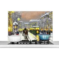 KitchenYeah Spatscherm keuken 100x65 cm - Kookplaat achterwand Schilderij - Olieverf - Winter - Tram - Paard - Muurbeschermer - Spatwand fornuis - Hoogwaardig aluminium