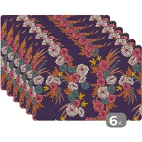 KitchenYeah Placemat - Placemats kunststof - Boeket - Bloemen - Tropisch - Patroon - 45x30 cm - 6 stuks - Hittebestendig - Anti-Slip - Onderlegger - Afneembaar