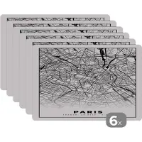 KitchenYeah Placemat - Placemats kunststof - Kaart - Paris - Plattegrond - Parijs - Frankrijk - Stadskaart - Zwart wit - 45x30 cm - 6 stuks - Hittebestendig - Anti-Slip - Onderlegger - Afneembaar