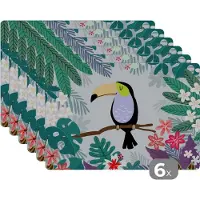KitchenYeah Placemat - Placemats kunststof - Toekan - Planten - Bloemen - Kinderen - Dieren - Kids - 45x30 cm - 6 stuks - Hittebestendig - Anti-Slip - Onderlegger - Afneembaar