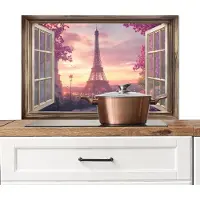 KitchenYeah Spatscherm keuken 90x60 cm - Kookplaat achterwand Doorkijk - Parijs - Eiffeltoren - Roze - Kersenbloesem - Muurbeschermer - Spatwand fornuis - Hoogwaardig aluminium