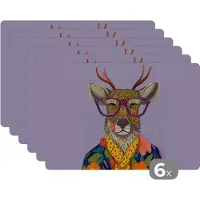 KitchenYeah Placemat - Placemats kunststof - Hert - Dieren - Bloemen - Bril - Hippie - 45x30 cm - 6 stuks - Hittebestendig - Anti-Slip - Onderlegger - Afneembaar