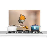 KitchenYeah Spatscherm keuken 80x55 cm - Kookplaat achterwand Roodborstje - Vogel - Tak - Dieren - Muurbeschermer - Spatwand fornuis - Hoogwaardig aluminium