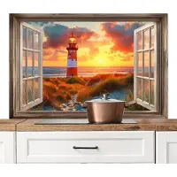 KitchenYeah Spatscherm keuken 120x80 cm - Kookplaat achterwand Doorkijk - Raam - Vuurtoren - Zonsondergang - Strand - Muurbeschermer - Spatwand fornuis - Hoogwaardig aluminium