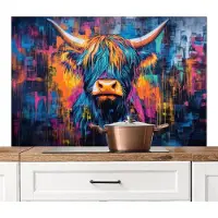 KitchenYeah Spatscherm keuken 120x80 cm - Kookplaat achterwand Schotse Hooglander - Abstract - Kleurrijk - Muurbeschermer - Spatwand fornuis - Hoogwaardig aluminium