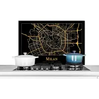 KitchenYeah Spatscherm keuken 90x60 cm - Kookplaat achterwand Kaart - Milaan - Luxe - Goud - Zwart - Muurbeschermer - Spatwand fornuis - Hoogwaardig aluminium