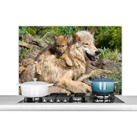 KitchenYeah Spatscherm keuken 100x65 cm - Kookplaat achterwand Wolf - Welp - Dier - Muurbeschermer - Spatwand fornuis - Hoogwaardig aluminium