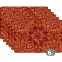 KitchenYeah Placemat - Placemats kunststof - Mandala - Patroon - Vintage - Oranje - Rood - 45x30 cm - 6 stuks - Hittebestendig - Anti-Slip - Onderlegger - Afneembaar