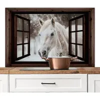 KitchenYeah Spatscherm keuken 120x80 cm - Kookplaat achterwand Doorkijk - Paard - Wit - Winterlandschap - Sneeuw - Muurbeschermer - Spatwand fornuis - Hoogwaardig aluminium