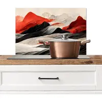 KitchenYeah Spatscherm keuken 60x40 cm - Kookplaat achterwand Kunst - Bergen - Rood - Wit - Zwart - Muurbeschermer - Spatwand fornuis - Hoogwaardig aluminium