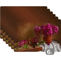 KitchenYeah Placemat - Placemats kunststof - Rustiek - Bloemen - Roze - Vaas - Stilleven - 45x30 cm - 6 stuks - Hittebestendig - Anti-Slip - Onderlegger - Afneembaar