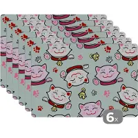 KitchenYeah Placemat - Placemats kunststof - Kat - Huisdieren - Patroon - 45x30 cm - 6 stuks - Hittebestendig - Anti-Slip - Onderlegger - Afneembaar