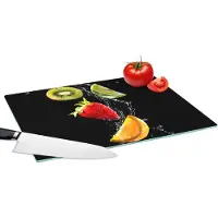 KitchenYeah Glazen Snijplank - 39x28 - Fruit - Water - Zwart - Stilleven Aardbei - Kiwi - Snijplanken Glas
