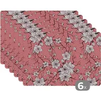 KitchenYeah Placemat - Placemats kunststof - Patronen - Bloemen - Japan - 45x30 cm - 6 stuks - Hittebestendig - Anti-Slip - Onderlegger - Afneembaar