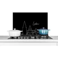 KitchenYeah Spatscherm keuken 60x40 cm - Kookplaat achterwand Line art - Leiden - Stad - Nederland - Zwart wit - Muurbeschermer - Spatwand fornuis - Hoogwaardig aluminium