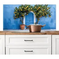 KitchenYeah Spatscherm keuken 120x60 cm - Kookplaat achterwand Citroenbomen - Geel - Deur - Potten - Muurbeschermer - Spatwand fornuis - Hoogwaardig aluminium