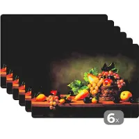 KitchenYeah Placemat - Placemats kunststof - Rustiek - Mand - Fruit - Stilleven - 45x30 cm - 6 stuks - Hittebestendig - Anti-Slip - Onderlegger - Afneembaar