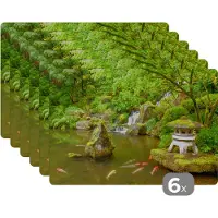 KitchenYeah Placemat - Placemats kunststof - Waterval - Koi - Japanse lantaarn - Mos - Water - 45x30 cm - 6 stuks - Hittebestendig - Anti-Slip - Onderlegger - Afneembaar
